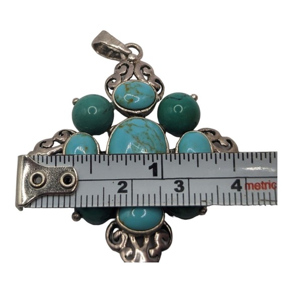 Vintage 925 Silver Blue & Green Turquoise Cluster Native American Style Pendant - Picture 6 of 6